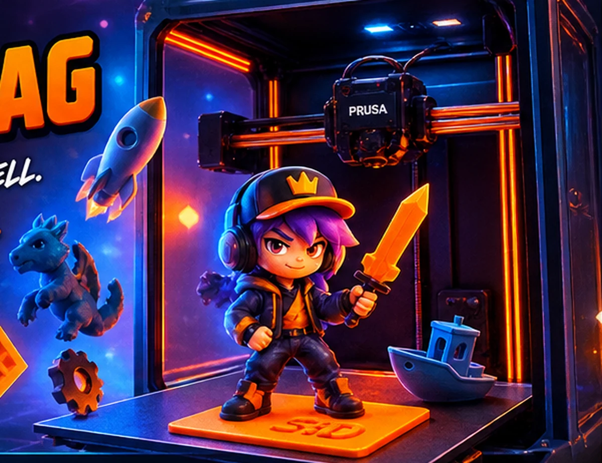 Illustration eines 3D-Druckers mit einer selbst gedruckten Spielfigur auf dem Druckbett
