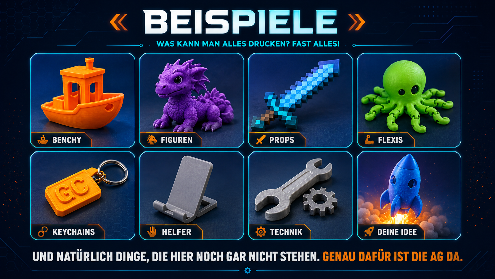 Beispiele für 3D-Drucke: Benchy-Boot, Drachenfigur, Spielzeugschwert, flexibler Oktopus, Schlüsselanhänger, Handyhalter, Werkzeug und Rakete. Dazu der Hinweis, dass in der AG auch ganz eigene Ideen umgesetzt werden können.